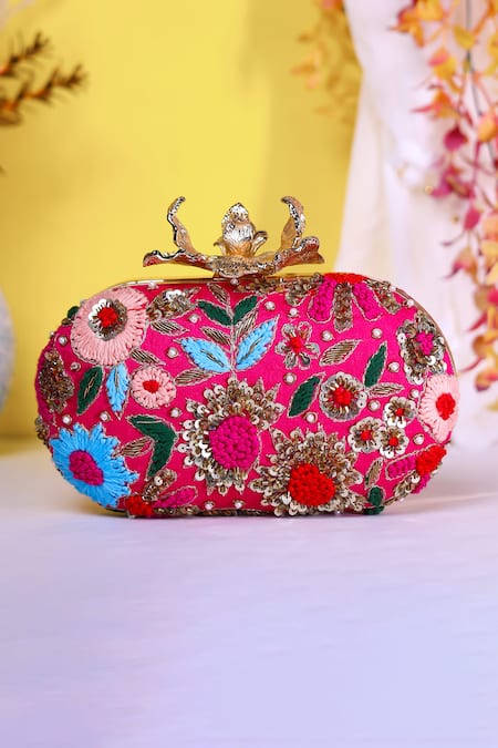 Nazaakat By Samara Singh Pink Embroidery, Sequins, Pearls Floral Clutch With Detachable Handle 