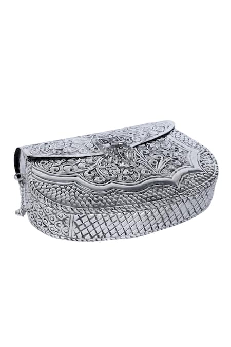 Shop_Nazaakat By Samara Singh_Silver Embossed Brass Clutch With Detachable Sling _Online_at_Aza_Fashions