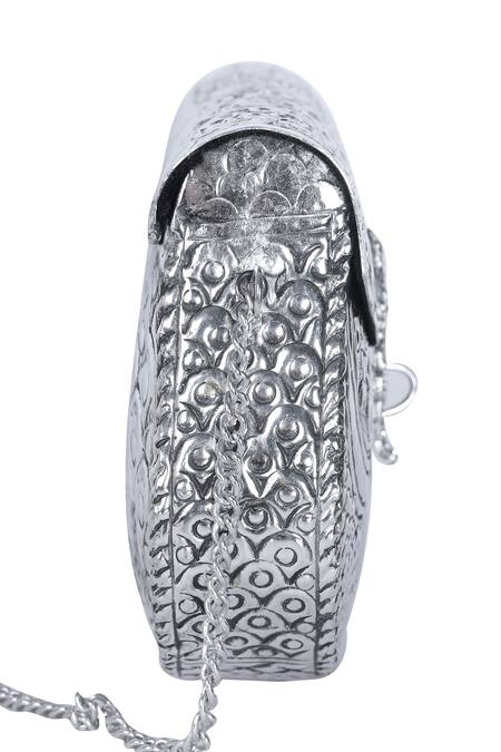Buy_Nazaakat By Samara Singh_Silver Embossed Brass Clutch With Detachable Sling 