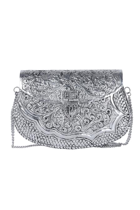 Shop_Nazaakat By Samara Singh_Silver Embossed Brass Clutch With Detachable Sling 