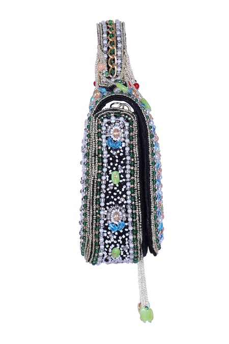 Buy_Nazaakat By Samara Singh_Multi Color Beads, Pearls, Stones, Beaded Floral Motif Flap Bag With Fringe _Online_at_Aza_Fashions