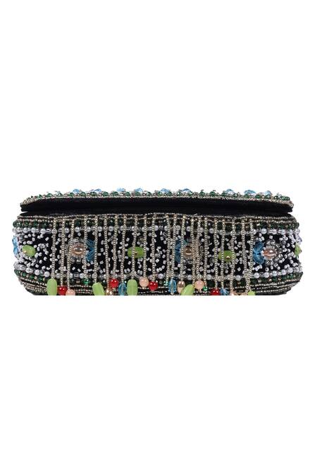 Shop_Nazaakat By Samara Singh_Multi Color Beads, Pearls, Stones, Beaded Floral Motif Flap Bag With Fringe _Online_at_Aza_Fashions