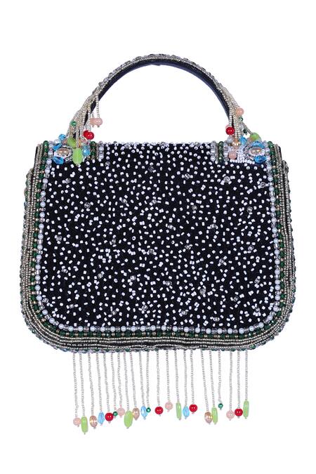 Nazaakat By Samara Singh_Multi Color Beads, Pearls, Stones, Beaded Floral Motif Flap Bag With Fringe _at_Aza_Fashions