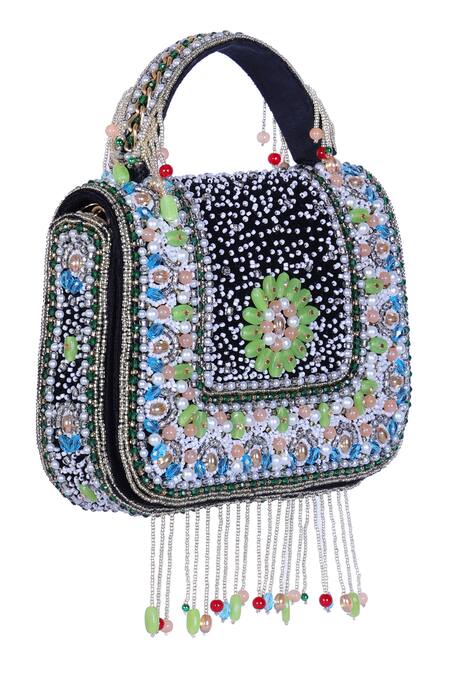 Buy_Nazaakat By Samara Singh_Multi Color Beads, Pearls, Stones, Beaded Floral Motif Flap Bag With Fringe 
