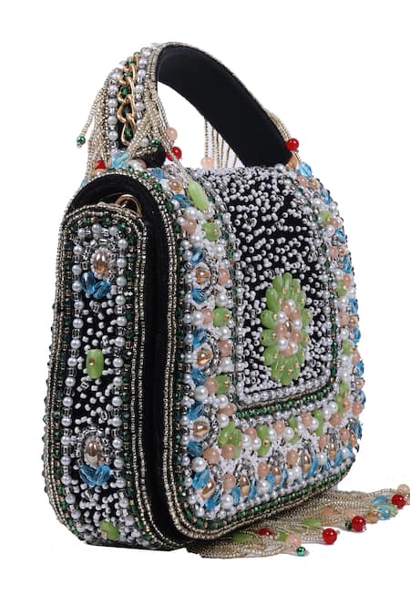 Shop_Nazaakat By Samara Singh_Multi Color Beads, Pearls, Stones, Beaded Floral Motif Flap Bag With Fringe 
