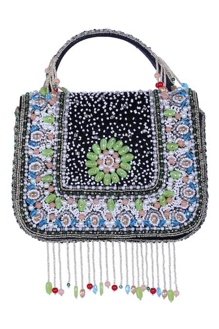 Nazaakat By Samara Singh Beaded Floral Motif Flap Bag with Fringe 