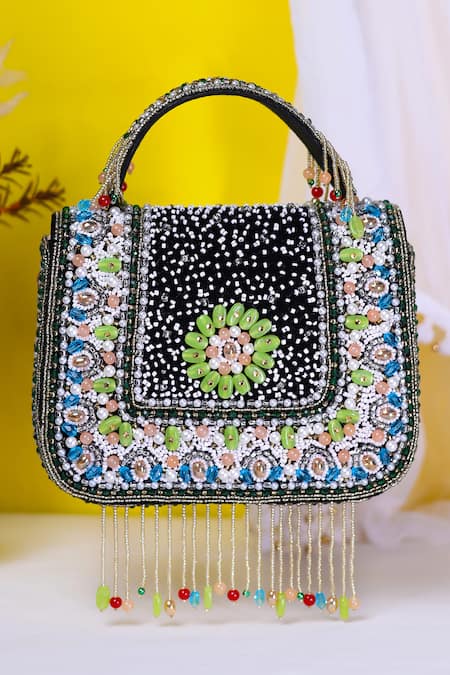 Nazaakat By Samara Singh Beaded Floral Motif Flap Bag with Fringe 