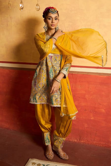 Tasuvure Indes_Yellow Silk, Georgette Embroidery, Mirrors, Elizey Gara Kurta Salwar Set _Online_at_Aza_Fashions