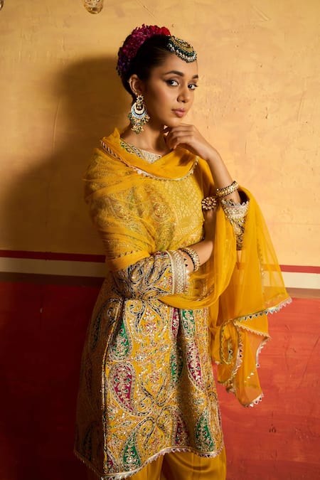 Shop_Tasuvure Indes_Yellow Silk, Georgette Embroidery, Mirrors, Elizey Gara Kurta Salwar Set _Online_at_Aza_Fashions