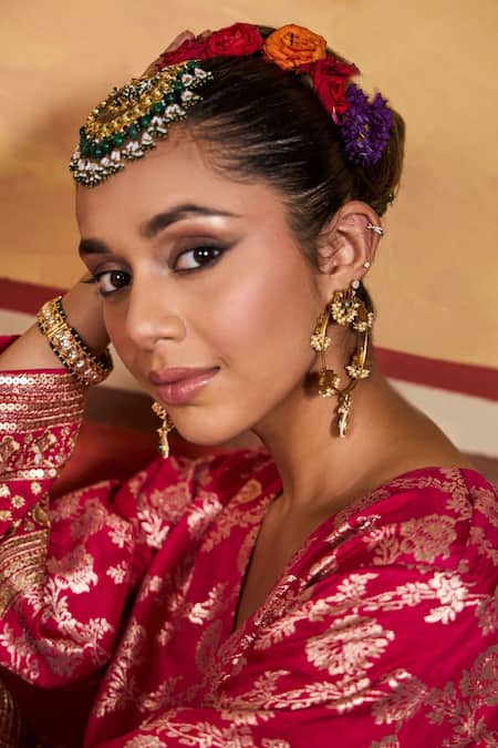 Tasuvure Indes_Fuchsia Brocade, Silk Zari, Embroidery Banarasi Begum Woven Kurta And Pant Set _Online_at_Aza_Fashions