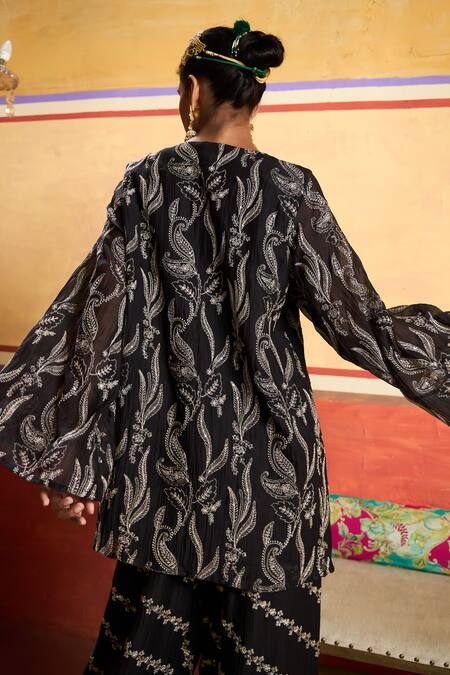 Shop_Tasuvure Indes_Black Georgette Embroidery, Sequins Round Neck Paisley Kurta With Farshi Salwar 