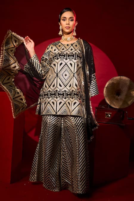 Shop_Tasuvure Indes_Black Silk, Georgette Embroidery, Metallic Thread, Gulnaaz Kurta Sharara Set _Online_at_Aza_Fashions