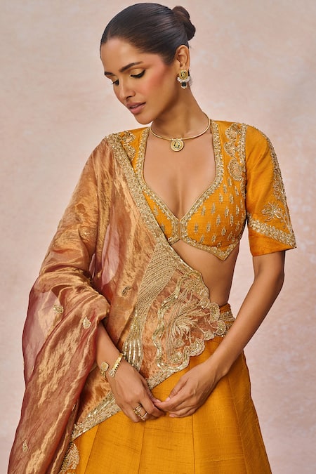 Shop_Masaba_Orange Silk, Tissue Embroidery, Zari, The Dil Lubhata 12 Kalis Lehenga Set _Online_at_Aza_Fashions
