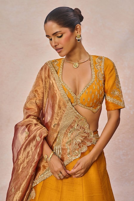Buy_Masaba_Orange Silk, Tissue, Organza The Dil Lubhata Motifs 12 Kalis Lehenga Set _Online_at_Aza_Fashions