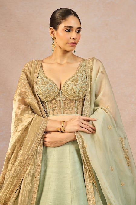 Masaba_Green Tissue, Organza Embroidery, Beads, Ikrar Hua Chand 6 Kalis Lehenga Set _Online_at_Aza_Fashions