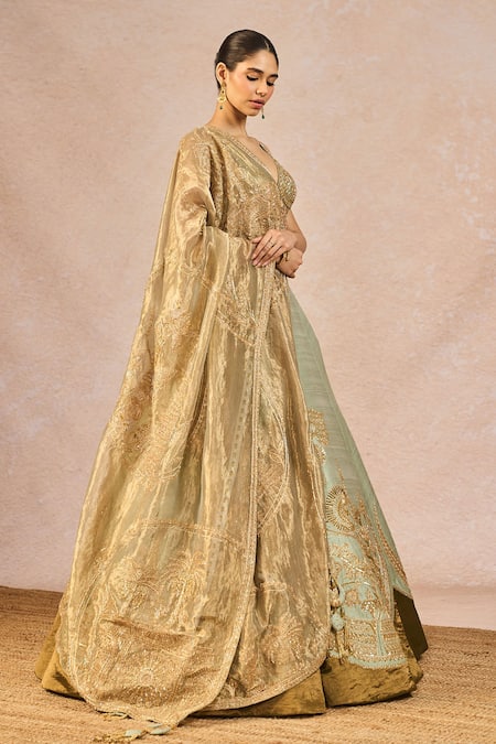 Shop_Masaba_Green Tissue, Organza Embroidery, Beads, Ikrar Hua Chand 6 Kalis Lehenga Set _Online_at_Aza_Fashions