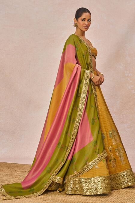 Masaba_Yellow Tissue Embroidery, Stones, Beads, The Ajnabi Ehsaas 18 Kalis Lehenga Set _Online_at_Aza_Fashions