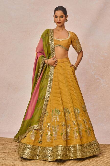 Buy_Masaba_Yellow Tissue Embroidery, Stones, Beads, The Ajnabi Ehsaas 18 Kalis Lehenga Set _Online_at_Aza_Fashions