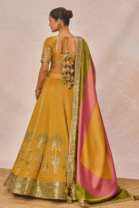 Masaba_Yellow Tissue Embroidery, Stones, Beads, The Ajnabi Ehsaas 18 Kalis Lehenga Set _at_Aza_Fashions