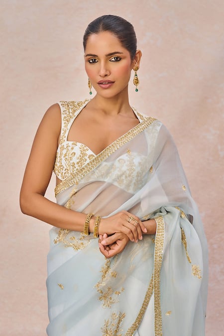Masaba_Blue Crepe Embroidery, Patchwork, Metallic Pehli Baarish Saree With Blouse _Online_at_Aza_Fashions