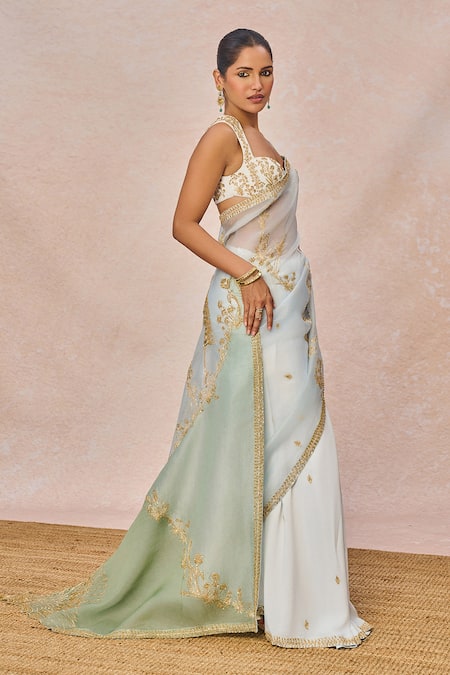 Shop_Masaba_Blue Crepe Embroidery, Patchwork, Metallic Pehli Baarish Saree With Blouse _Online_at_Aza_Fashions