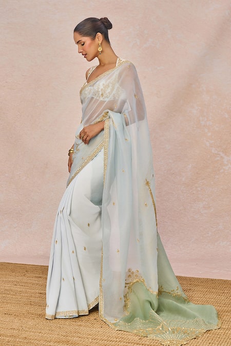 Masaba_Blue Crepe Embroidery, Patchwork, Metallic Pehli Baarish Saree With Blouse _at_Aza_Fashions