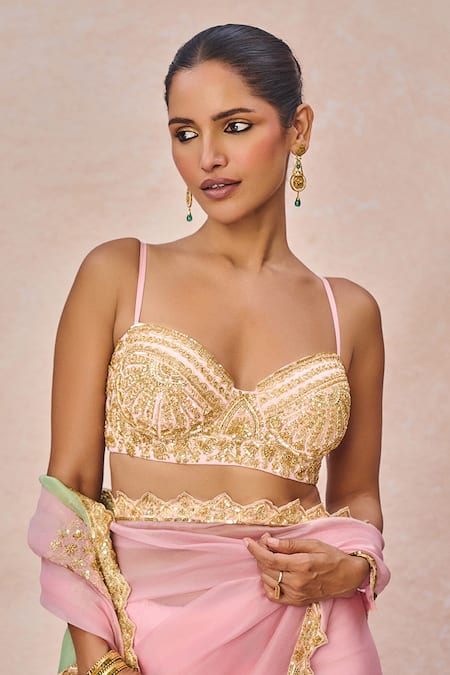 Masaba_Pink Crepe Embroidery, Zari, Patchwork Sweetheart Gulposh Saree With Blouse _Online_at_Aza_Fashions