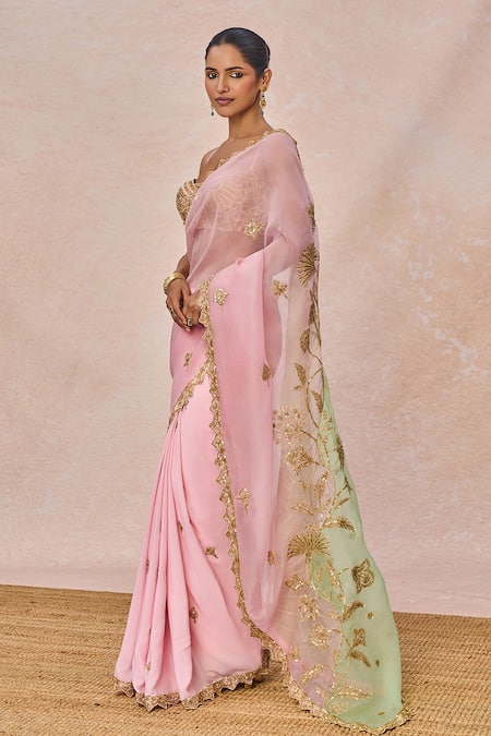 Buy_Masaba_Pink Crepe Embroidery, Zari, Patchwork Sweetheart Gulposh Saree With Blouse _Online_at_Aza_Fashions