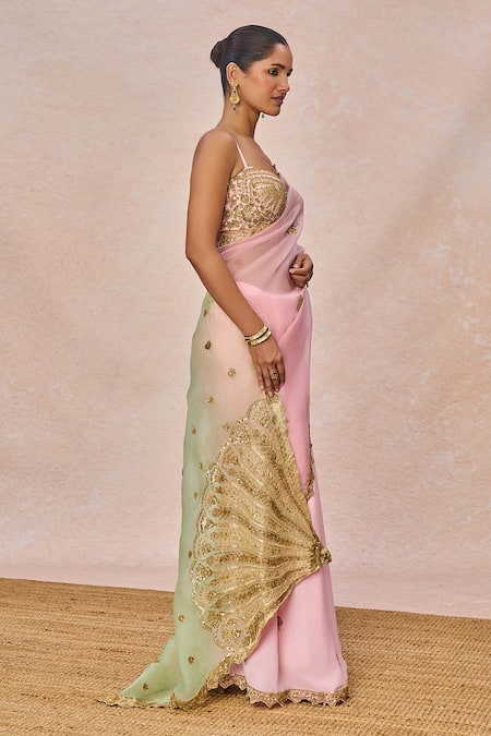 Masaba_Pink Crepe Embroidery, Zari, Patchwork Sweetheart Gulposh Saree With Blouse _at_Aza_Fashions