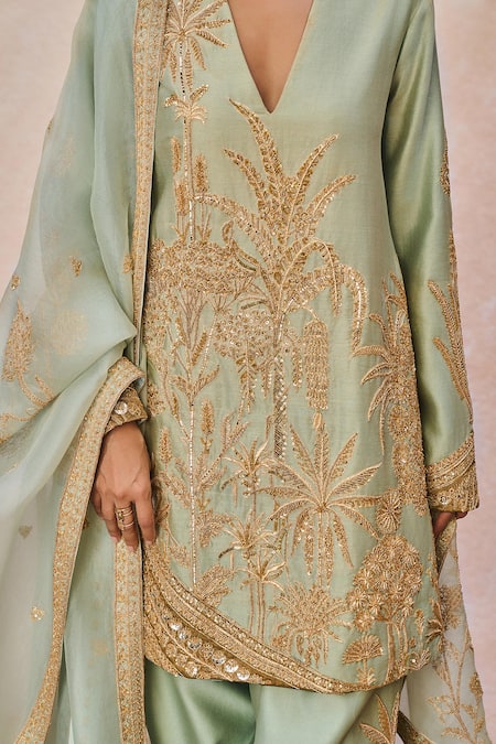Shop_Masaba_Green Chanderi, Tissue Embroidery, Sequins, Zari Ikrar Hua Gul Chaand Kurta Set _Online_at_Aza_Fashions
