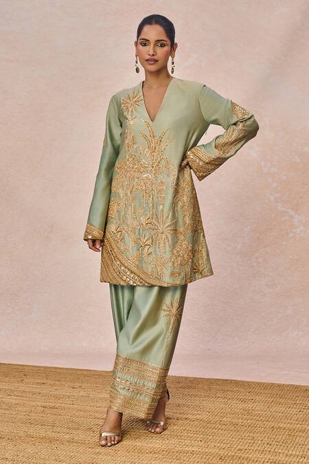 Buy_Masaba_Green Chanderi, Tissue Embroidery, Sequins, Zari Ikrar Hua Gul Chaand Kurta Set 