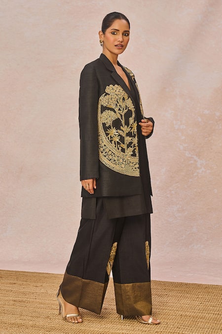 Masaba_Black Silk Embroidery, Sequins, Patchwork The Aankho Ka Paigam Blazer Kurta Set _Online_at_Aza_Fashions
