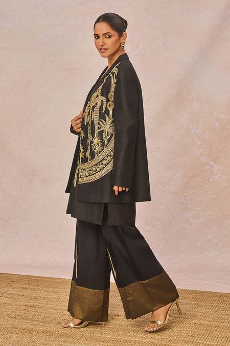 Shop_Masaba_Black Silk Embroidery, Sequins, Patchwork The Aankho Ka Paigam Blazer Kurta Set _Online_at_Aza_Fashions