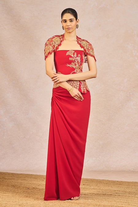 Shop_Masaba_Red Crepe, Tulle Embroidery, Sequins, Beads, Dil Ke Pass Shrug Skirt Set _Online_at_Aza_Fashions