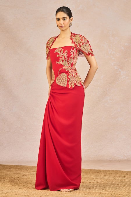 Masaba_Red Crepe, Tulle Embroidery, Sequins, Beads, Dil Ke Pass Shrug Skirt Set _at_Aza_Fashions