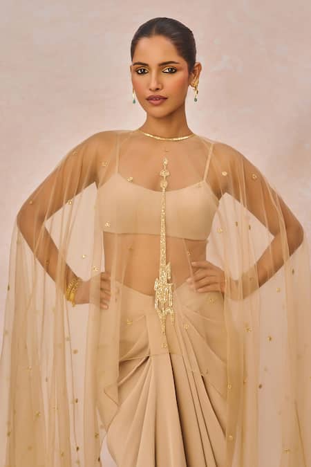 Masaba_Beige Crepe Round Neck, Tera Khayal Embellished Cape Draped Skirt Set _Online_at_Aza_Fashions