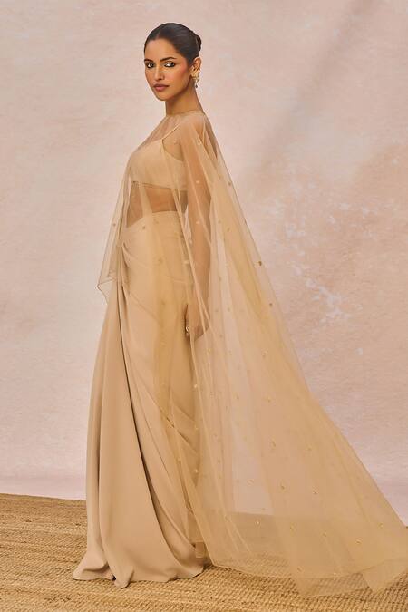 Buy_Masaba_Beige Crepe Round Neck, Tera Khayal Embellished Cape Draped Skirt Set _Online_at_Aza_Fashions