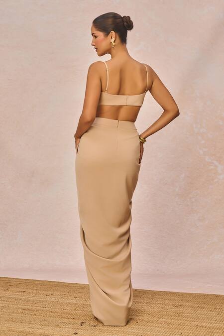 Masaba_Beige Crepe Round Neck, Tera Khayal Embellished Cape Draped Skirt Set _at_Aza_Fashions