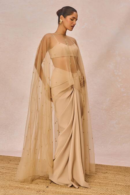 Shop_Masaba_Beige Crepe Round Neck, Tera Khayal Embellished Cape Draped Skirt Set 