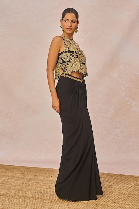 Buy_Masaba_Black Tulle, Crepe Embroidery, Cut Work Ajnabi Ehsaas Top Draped Skirt Set _Online_at_Aza_Fashions