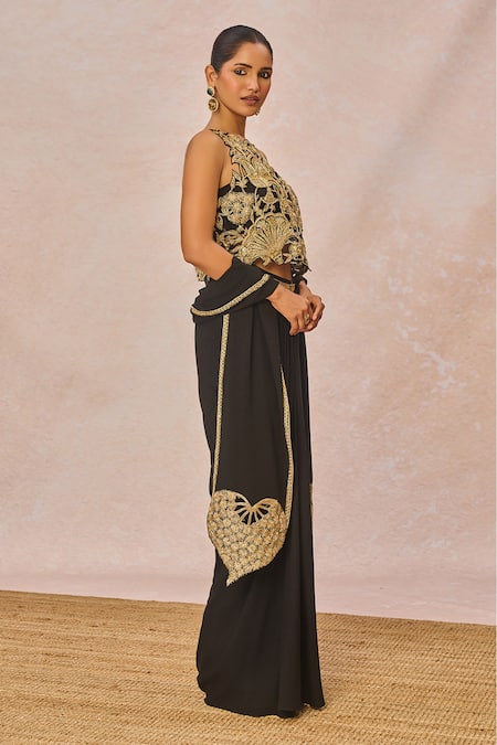 Shop_Masaba_Black Tulle, Crepe Embroidery, Cut Work Ajnabi Ehsaas Top Draped Skirt Set _Online_at_Aza_Fashions