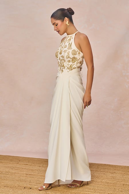 Masaba_Ivory Crepe Embroidery, Beads, Tassels Halter Namkeen Corset Draped Skirt Set _Online_at_Aza_Fashions
