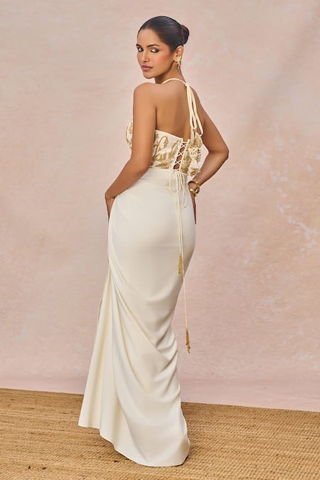 Masaba_Ivory Crepe Embroidery, Beads, Tassels Halter Namkeen Corset Draped Skirt Set _at_Aza_Fashions