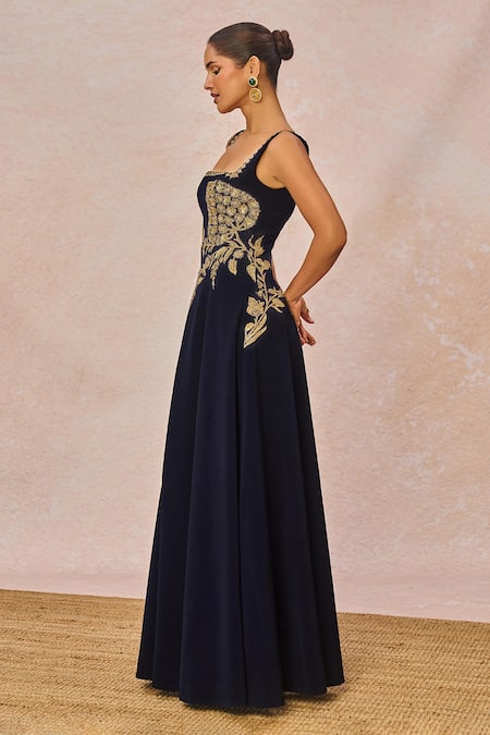 Masaba_Navy Crepe Embroidery, Sequins Square Neck Dil Jaanta Hai Gown _Online_at_Aza_Fashions