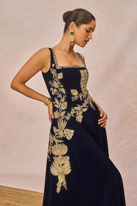 Shop_Masaba_Navy Crepe Embroidery, Sequins Square Neck Dil Jaanta Hai Gown _Online_at_Aza_Fashions