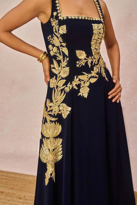 Masaba_Navy Crepe Embroidery, Sequins Square Neck Dil Jaanta Hai Gown _at_Aza_Fashions