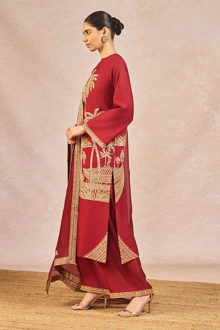 Shop_Masaba_Red Silk, Organza Embroidery, Metallic Thread Round Lal Chaand Kinara Kurta Set _Online_at_Aza_Fashions