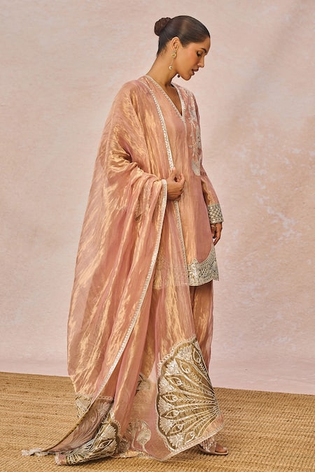 Masaba_Pink Tissue Embroidery, Patchwork, Zari, Sequins V-neck Chandni Kurta Set _Online_at_Aza_Fashions