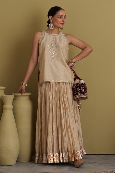 Vaaya_Gold Chanderi Silk Gota Patti, Tassels Crushed Lehenga _Online_at_Aza_Fashions