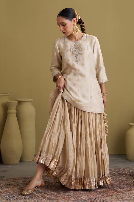 Buy_Vaaya_Gold Chanderi Silk Gota Patti, Tassels Crushed Lehenga _Online_at_Aza_Fashions